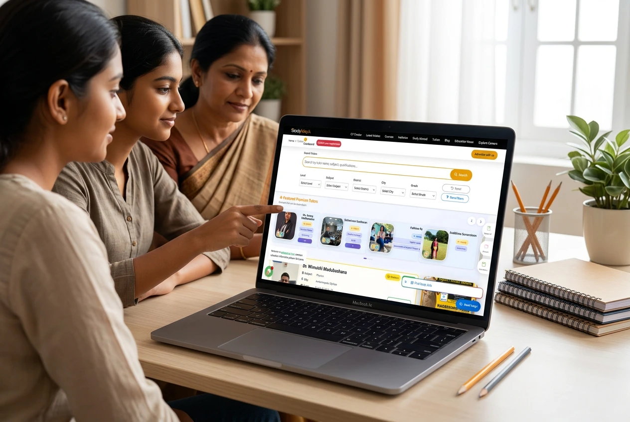 Illustrative students and parent browsing the supplied StudyWay.lk tuition directory on a MacBook