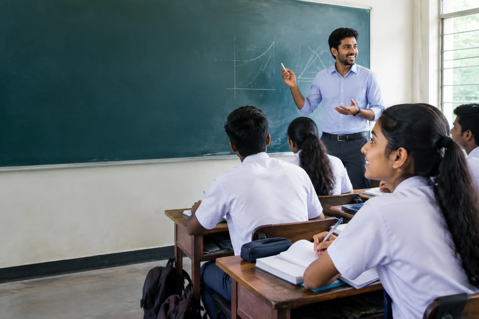 Tutor teaching an engaged group of Sri Lankan students in a tuition classroom